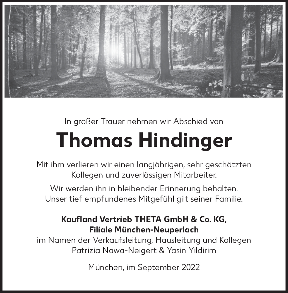  Traueranzeige für Thomas Hindinger vom 12.09.2022 aus merkurtz