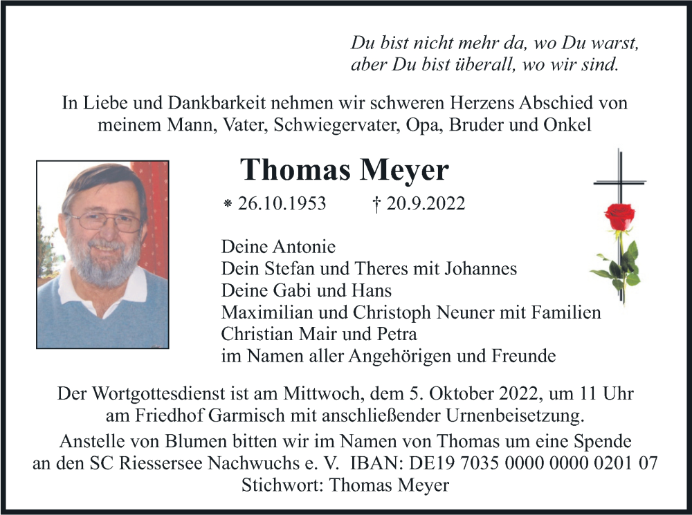  Traueranzeige für Thomas Meyer vom 01.10.2022 aus merkurtz