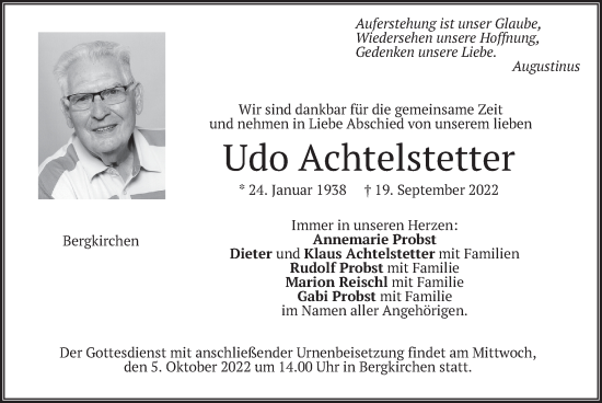 Traueranzeige von Udo Achtelstetter von merkurtz