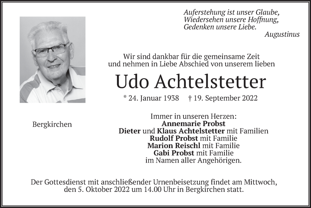  Traueranzeige für Udo Achtelstetter vom 01.10.2022 aus merkurtz