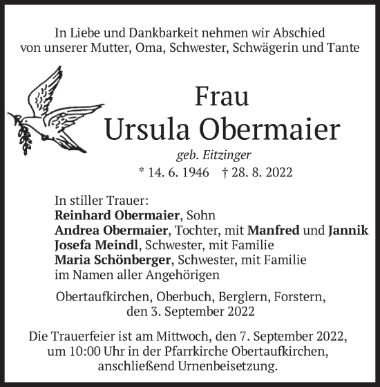 Traueranzeige von Ursula Obermaier von merkurtz