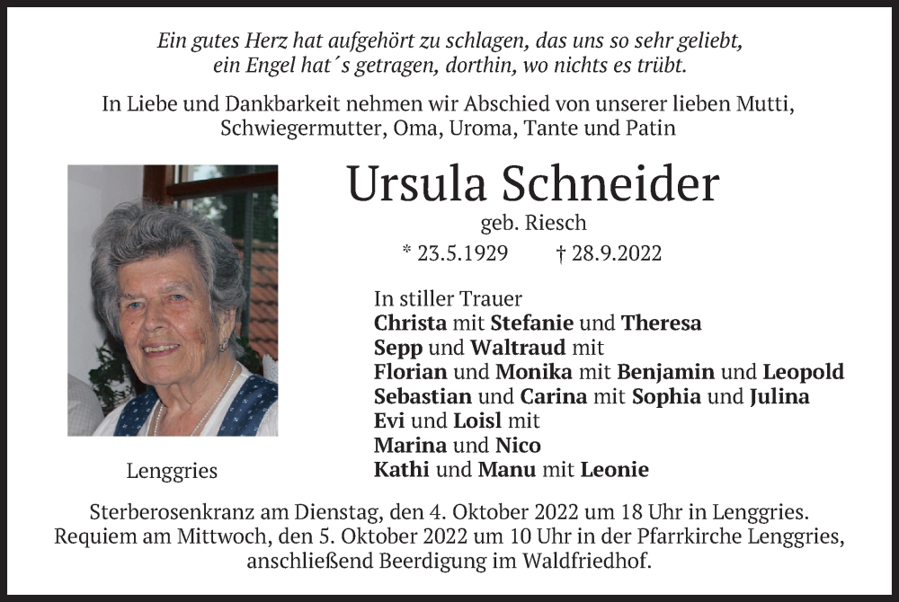  Traueranzeige für Ursula Schneider vom 01.10.2022 aus merkurtz