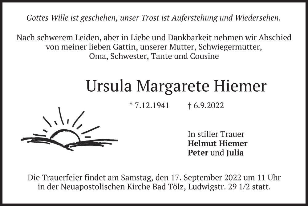  Traueranzeige für Ursula Margarete Hiemer vom 14.09.2022 aus merkurtz