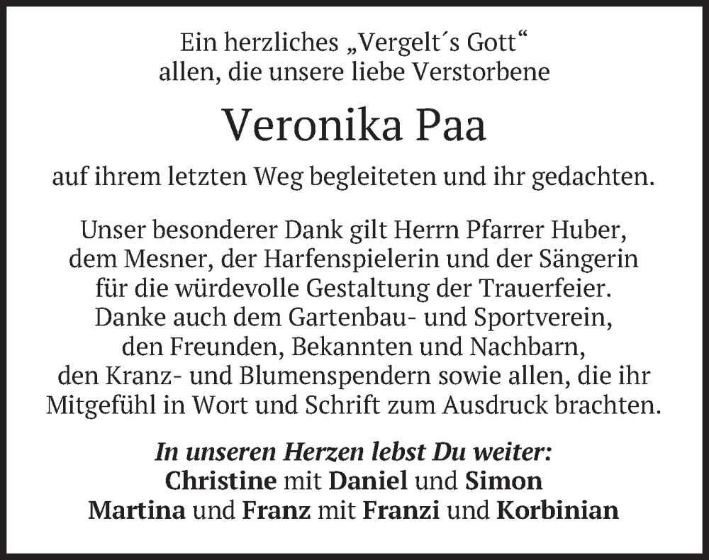  Traueranzeige für Veronika Paa vom 03.09.2022 aus merkurtz