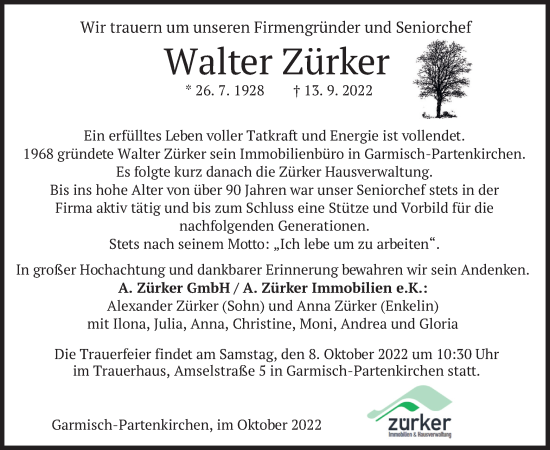 Traueranzeige von Walter Zürker von merkurtz