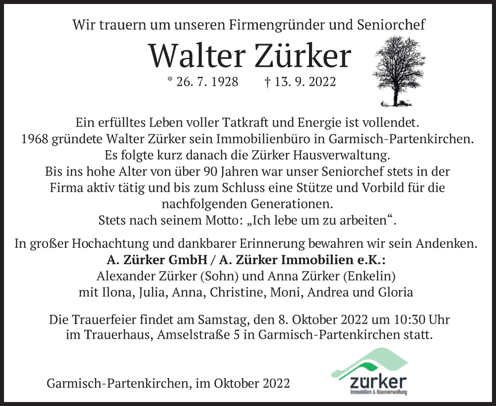  Traueranzeige für Walter Zürker vom 01.10.2022 aus merkurtz