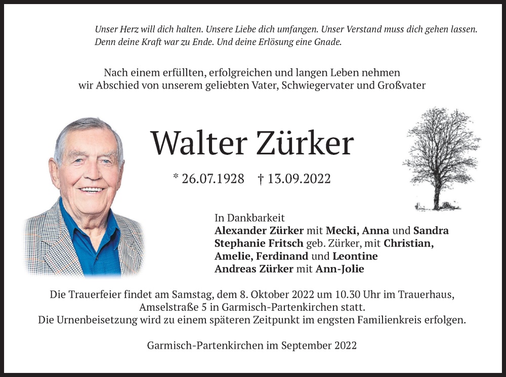  Traueranzeige für Walter Zürker vom 17.09.2022 aus merkurtz