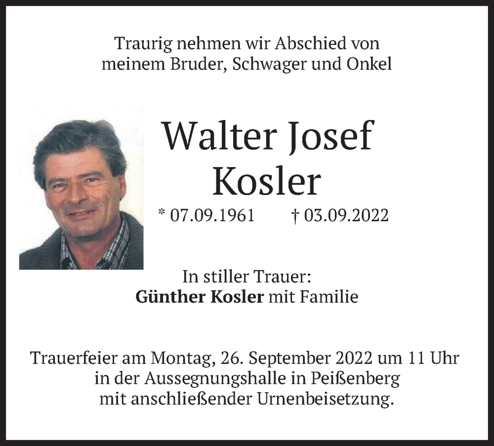  Traueranzeige für Walter Josef Kosler vom 23.09.2022 aus merkurtz