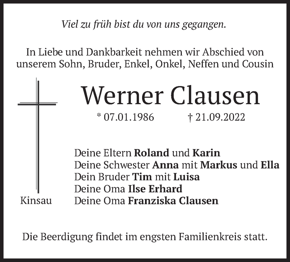  Traueranzeige für Werner Clausen vom 28.09.2022 aus merkurtz