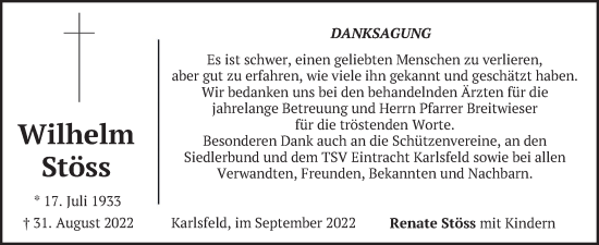 Traueranzeige von Wilhelm Stöss von merkurtz