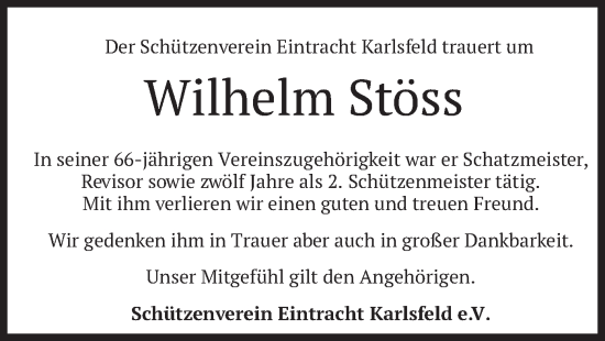 Traueranzeige von Wilhelm Stöss von merkurtz