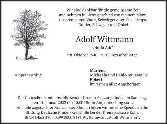 Traueranzeige von Adolf Wittmann von merkurtz