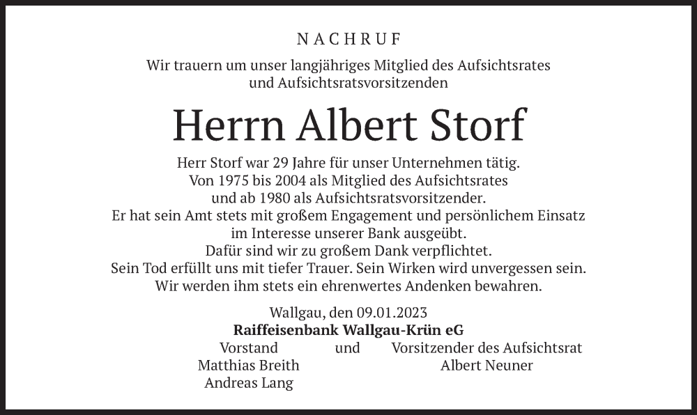  Traueranzeige für Albert Storf vom 11.01.2023 aus merkurtz