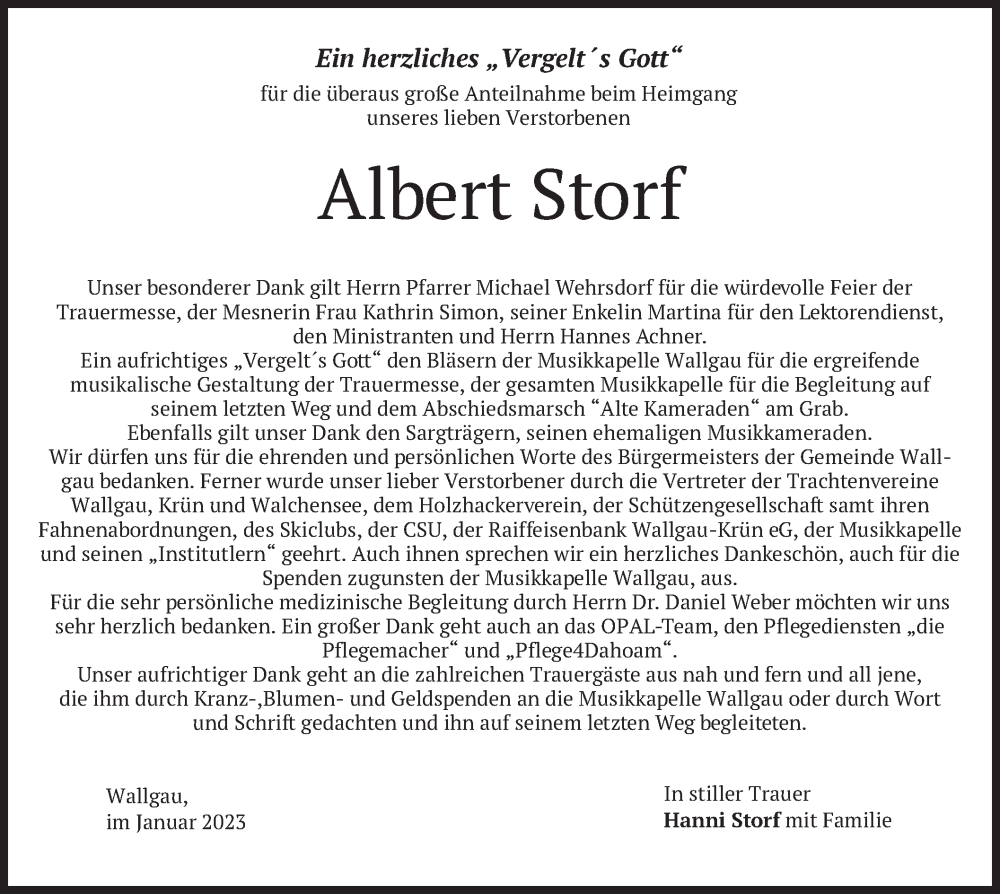  Traueranzeige für Albert Storf vom 21.01.2023 aus merkurtz