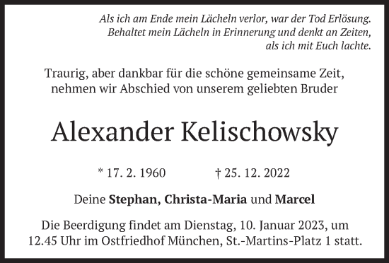 Traueranzeige von Alexander Kelischowsky von merkurtz
