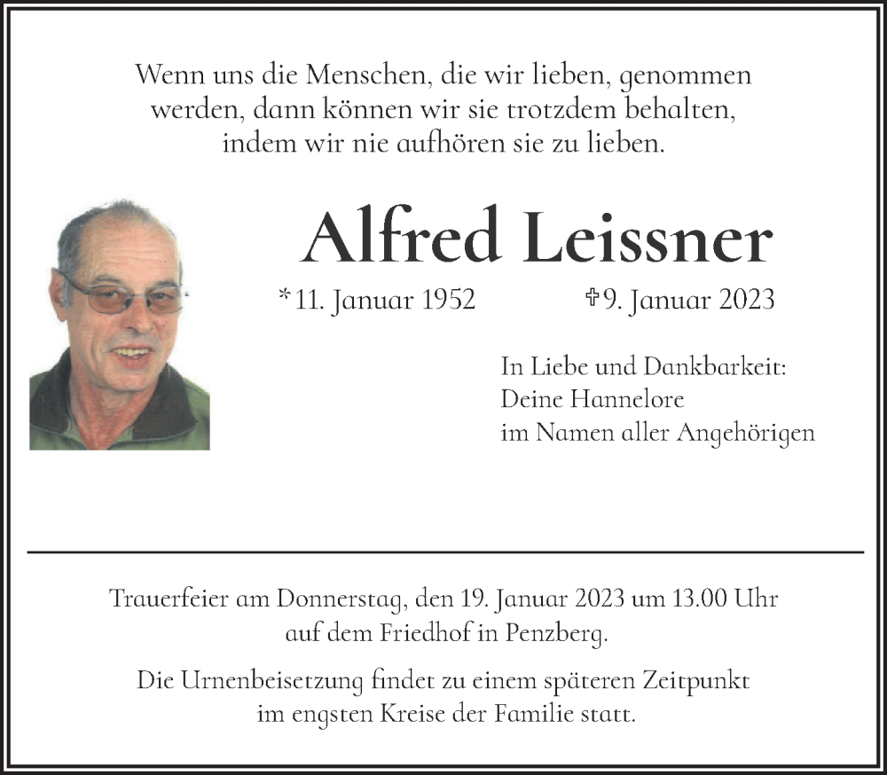  Traueranzeige für Alfred Leissner vom 14.01.2023 aus Das Gelbe Blatt Penzberg