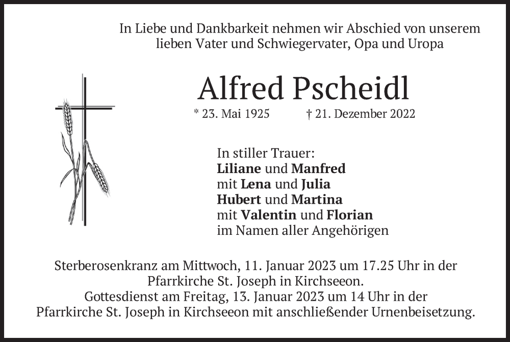  Traueranzeige für Alfred Pscheidl vom 07.01.2023 aus merkurtz