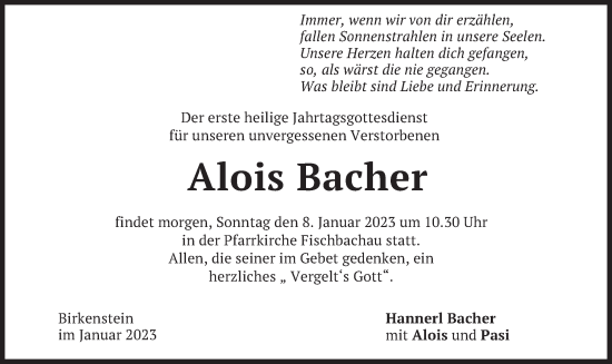 Traueranzeige von Alois Bacher von merkurtz