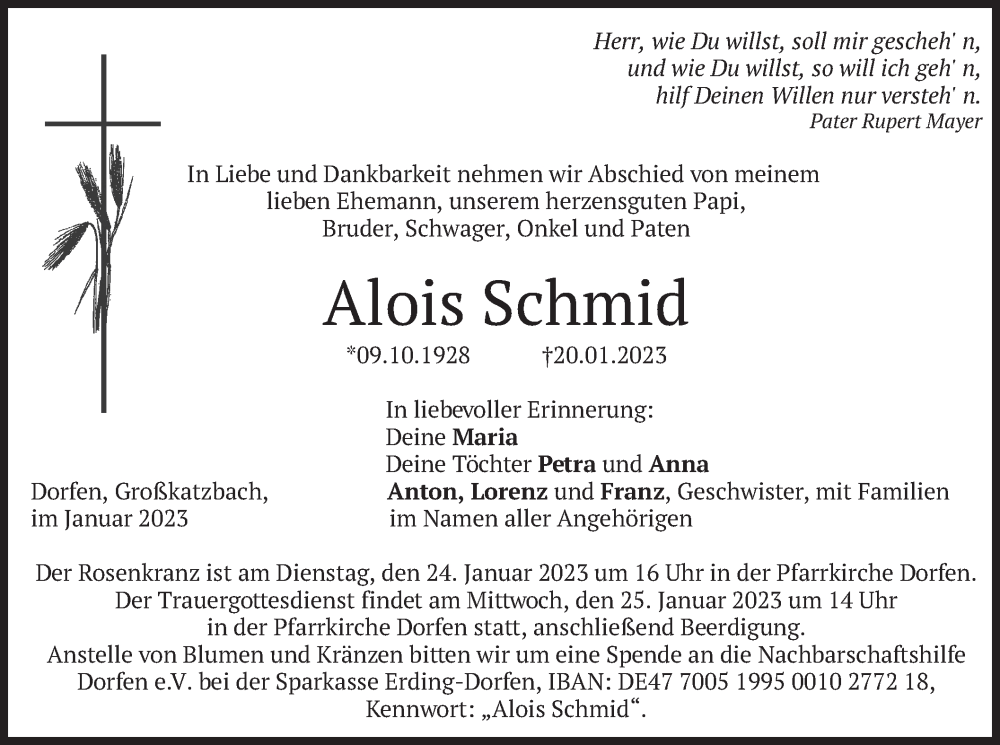  Traueranzeige für Alois Schmid vom 21.01.2023 aus merkurtz