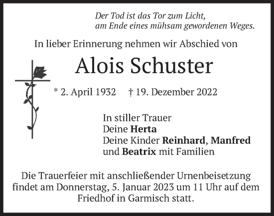 Traueranzeige von Alois Schuster von merkurtz