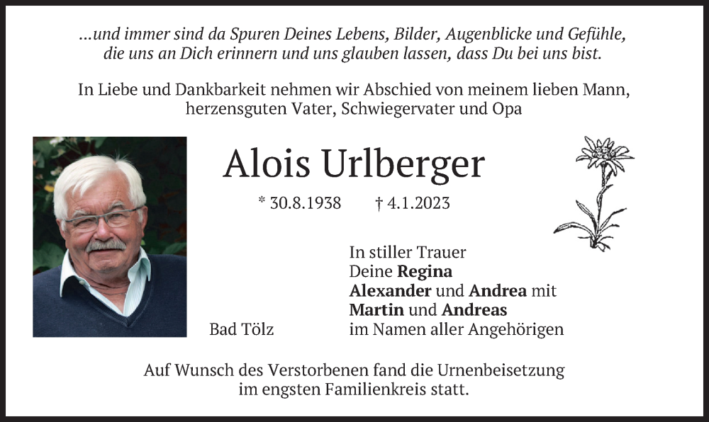  Traueranzeige für Alois Urlberger vom 21.01.2023 aus merkurtz