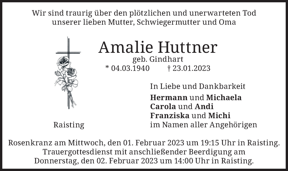  Traueranzeige für Amalie Huttner vom 28.01.2023 aus merkurtz