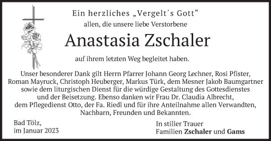 Traueranzeige von Anastasia Zschaler von merkurtz