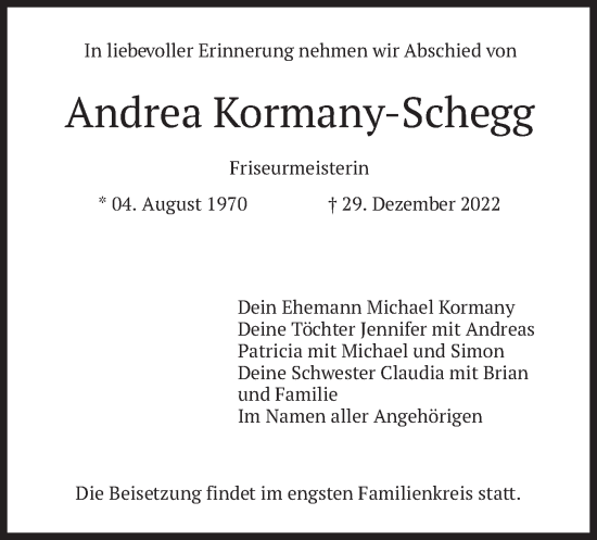 Traueranzeige von Andrea Kormany-Schegg von merkurtz