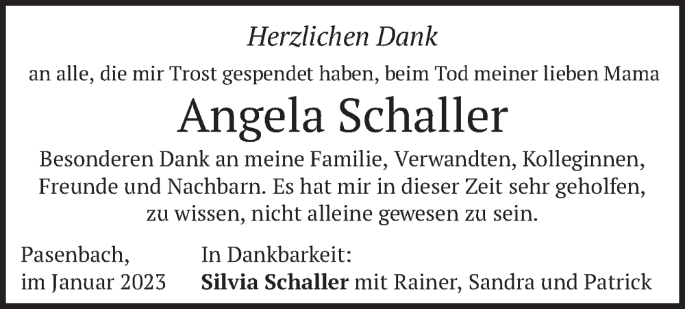  Traueranzeige für Angela Schaller vom 18.01.2023 aus merkurtz