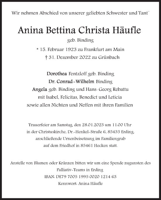 Traueranzeige von Anina Bettina Christa Häufle von merkurtz