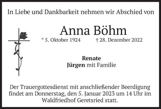 Traueranzeige von Anna Böhm von merkurtz