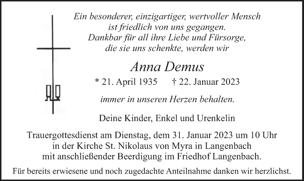  Traueranzeige für Anna Demus vom 27.01.2023 aus merkurtz