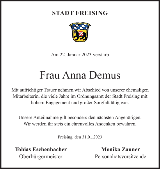 Traueranzeige von Anna Demus von merkurtz