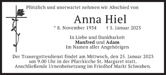 Traueranzeige von Anna Hiel von merkurtz