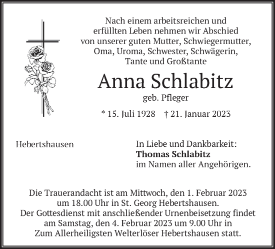 Traueranzeige von Anna Schlabitz von merkurtz