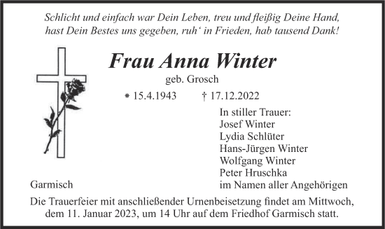 Traueranzeige von Anna Winter von merkurtz