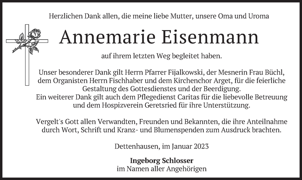  Traueranzeige für Annemarie Eisenmann vom 21.01.2023 aus merkurtz