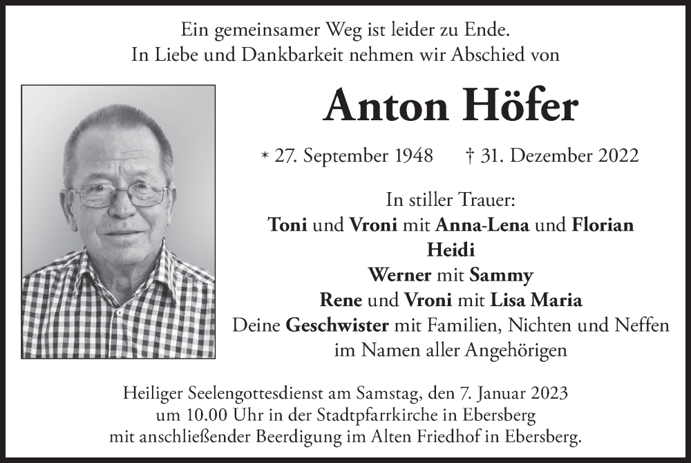  Traueranzeige für Anton Höfer vom 03.01.2023 aus merkurtz