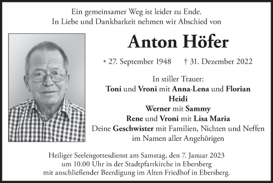 Todesanzeige von Anton Höfer von merkurtz