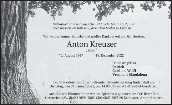 Traueranzeige von Anton Kreuzer von merkurtz