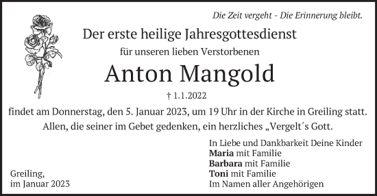 Traueranzeige von Anton Mangold von merkurtz