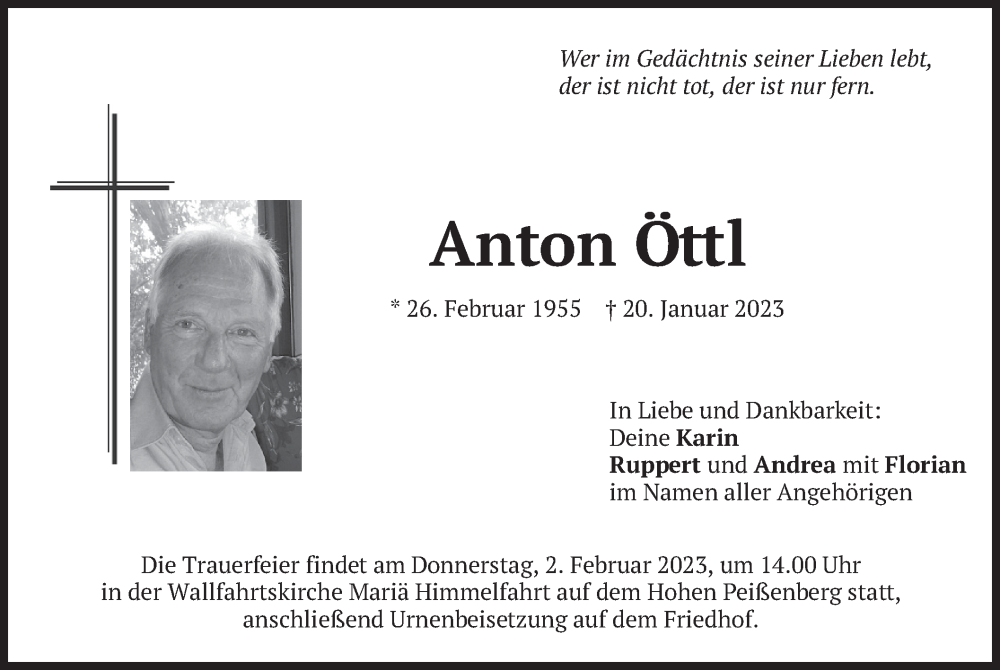  Traueranzeige für Anton Öttl vom 26.01.2023 aus merkurtz