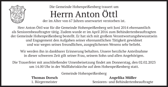 Traueranzeige von Anton Öttl von merkurtz