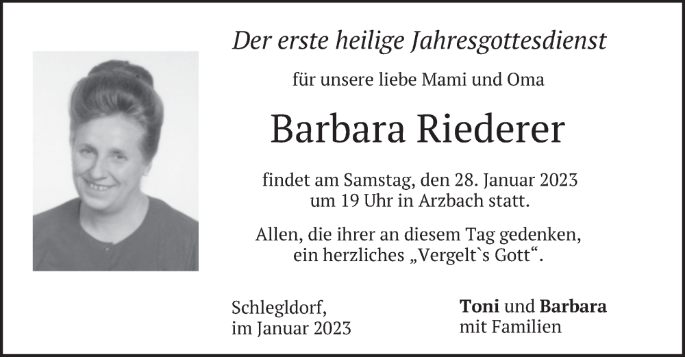  Traueranzeige für Barbara Riederer vom 27.01.2023 aus merkurtz