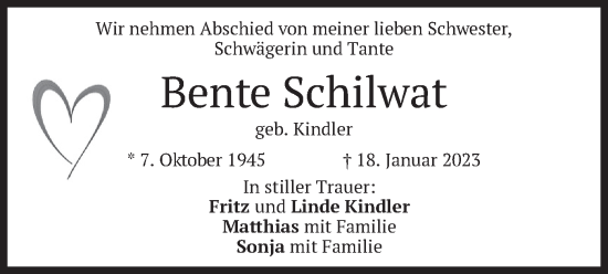 Traueranzeige von Bente Schilwat von merkurtz