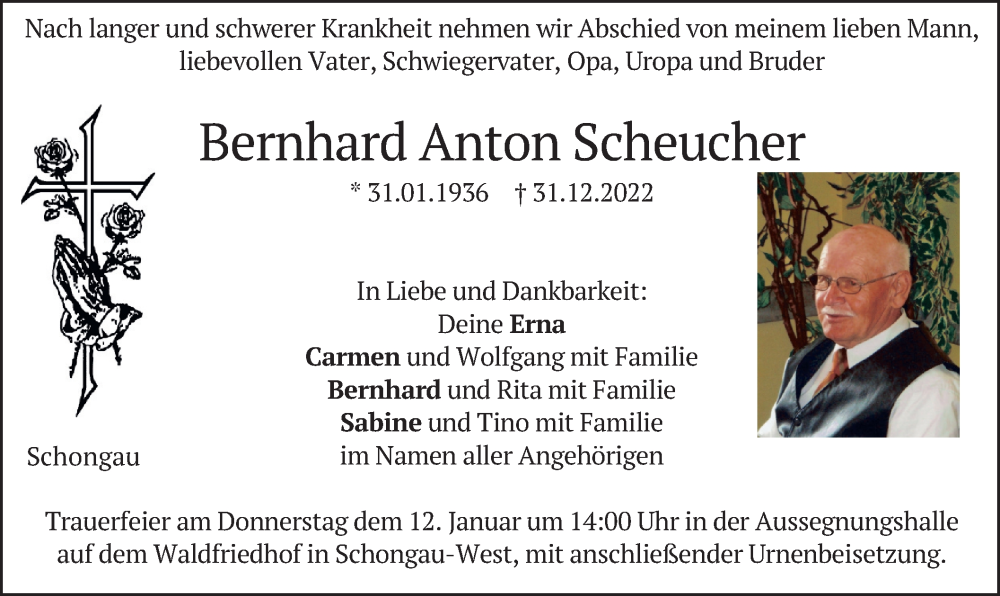  Traueranzeige für Bernhard Anton Scheucher vom 09.01.2023 aus merkurtz