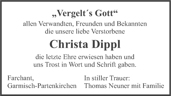 Traueranzeige von Christa Dippl von merkurtz