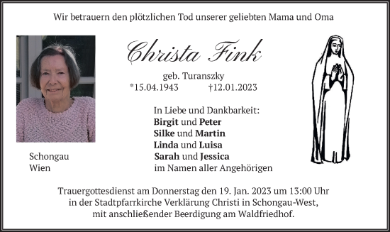 Traueranzeige von Christa Fink von merkurtz