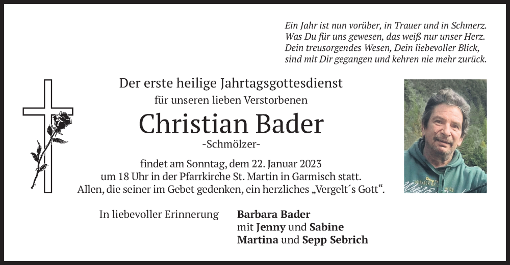  Traueranzeige für Christian Bader vom 21.01.2023 aus merkurtz