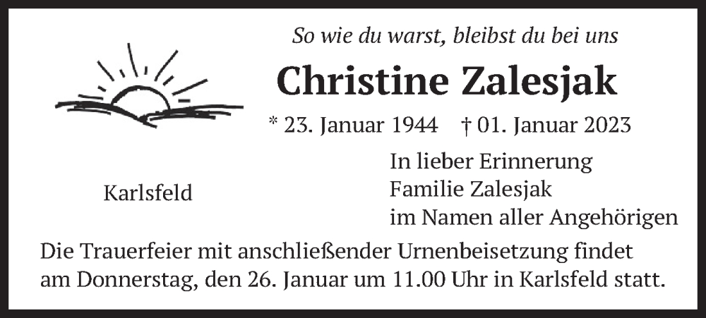  Traueranzeige für Christine Zalesjak vom 21.01.2023 aus merkurtz
